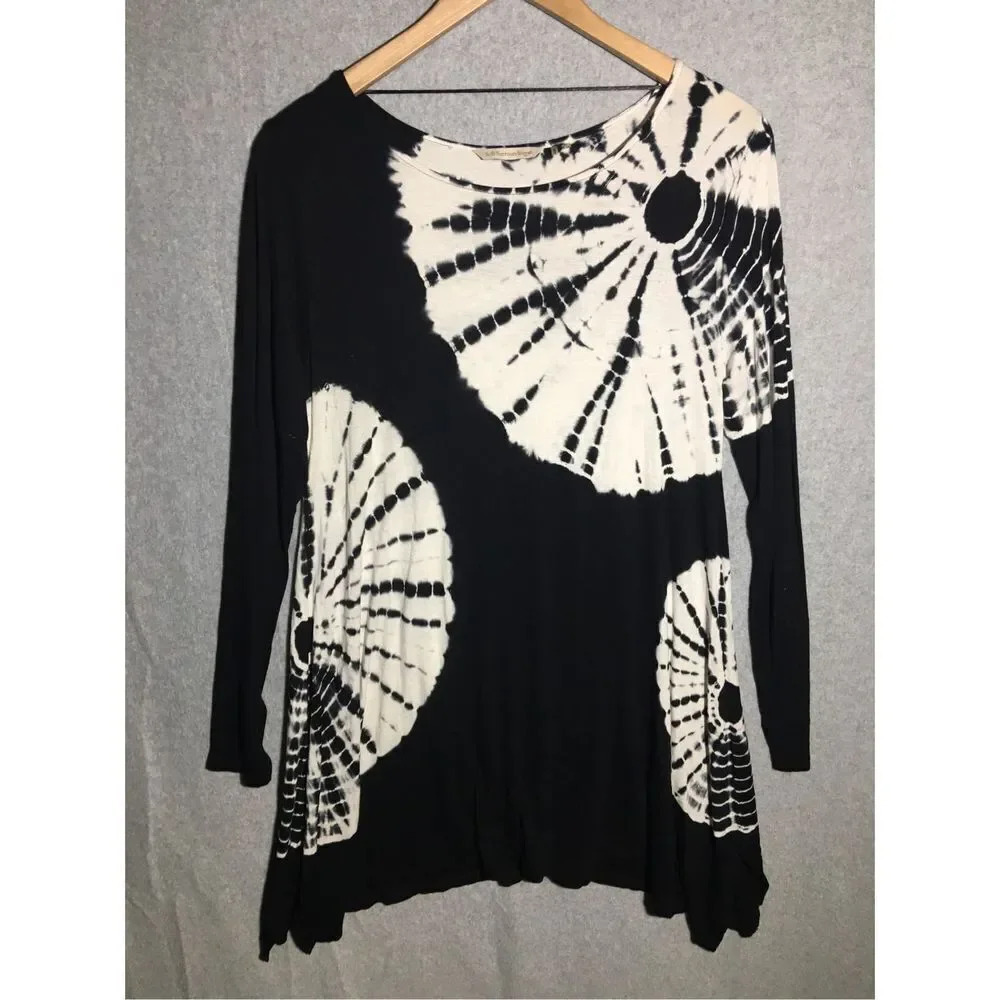 Womens Soft Surroundings Blouse Tunic Tie Dye A Line Black White Boho